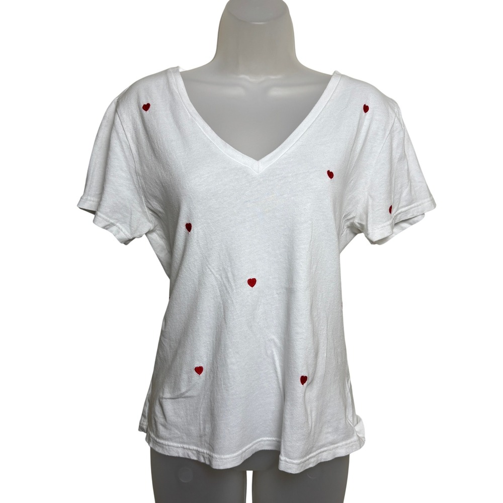 Rails White Embroidered Red‎ Heart Print V-Neck Shorts Sleeve T-Shirt Womens S